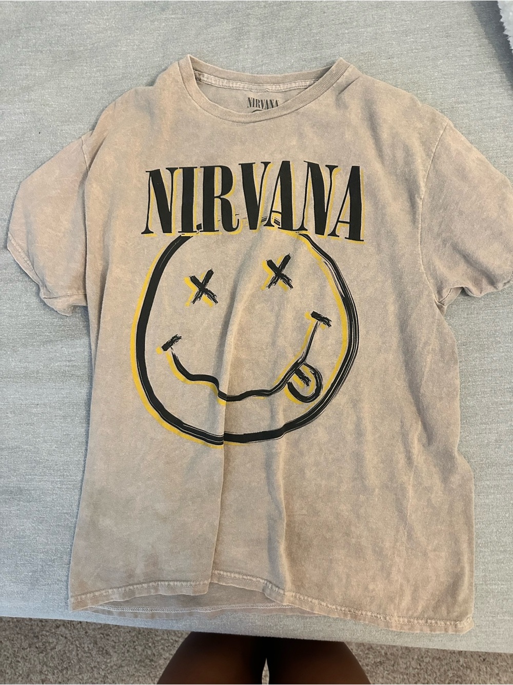 OversizedNirvana Smiley Logo Graphic Tee - Faded Beige with Black & Yellow Print